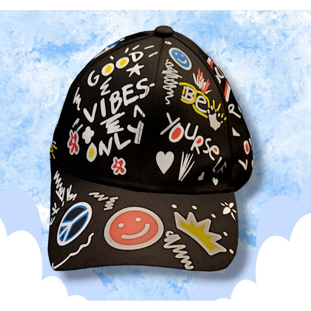 Graffiti VIBES Piece Sign Crown SMILEY on Black CAP Hat DRIP Cool Words